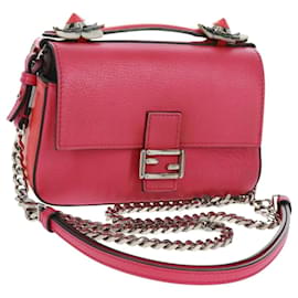 Borsa a spalla FENDI Chain Double Micro Baguette in pelle rosa argento Auth bs32459V