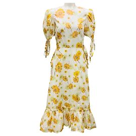 Midi Frill Seeker Kleid Weiß / Gelb mit Blumen aus Baumwolle von The Vampire's Wife