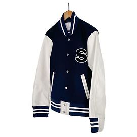 Sacai Giacca Varsity Bomber in Lana Teddy Blu Navy