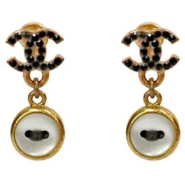 Black CC Button Gold Earrings - Chanel