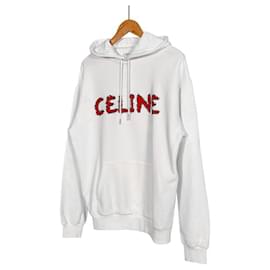 Céline Hoodie in felpa di cotone con strass bianco sporco