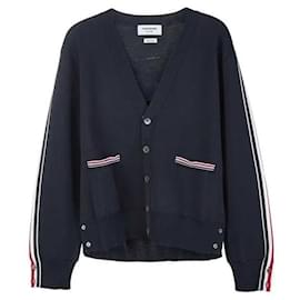 Merinowoll-Cardigan mit Milano-Stich und RWB-Intarsienbesatz an den Seiten - Thom Browne