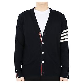 Thom Browne Herren V-Ausschnitt Wolle Cardigan mit diagonaler Band (Marine)