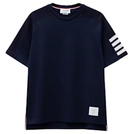 Kurzarm-T-Shirt in Marineblau mit diagonaler Logo: - Thom Browne