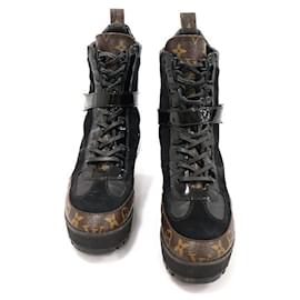 Louis Vuitton Schwarze Wildleder-Monogramm-Canvas-Plattform-Winterstiefel
