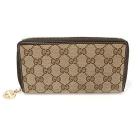 Gucci GG-Logo Jacquard brauner Leder Herz Charm Reißverschluss Langbörse