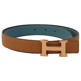 Cinturón reversible Hermès Constance en piel Epsom Camel y Azul Hydra