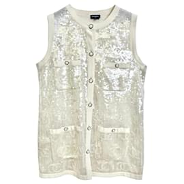 Raro gilet in mini abito di paillettes iridescenti Chanel 22S CC crema FR 40