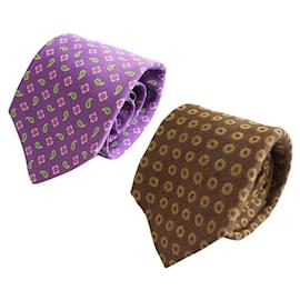 Set di cravatta tessuta a pois khaki con motivo paisley e fiori viola chiaro - Kiton
