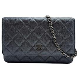 Chanel Portafoglio WOC Caviar su Catena Blu Metallico
