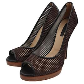Longchamp Zapatos de tacón alto abiertos de malla marrón oscuro