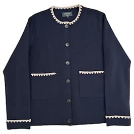 Autre Marque Cárdigan de lana merino azul marino con bordado crudo