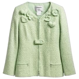 Chanel 04C Jacke aus mintgrünem Bouclé-Tweed mit Reißverschluss und Applikationen FR 42