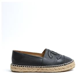Espadrilles in Pelle Nera Chanel EU37 CC Nero su Nero Scarpe Flat UK4 US6.5
