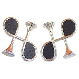 HERMES Cor H Black and Silver Stud Earrings - Hermès