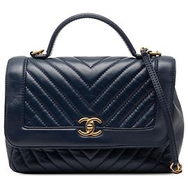 Chanel Azul CC Chevron Couro de Bezerro Envelhecido Bolsa de Mão