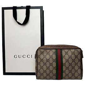 Clutch in pelle monogramma Ophidia vintage Gucci grigio marrone