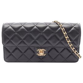Chanel Preto CC Couro de Cordeiro Matelassê Leste-Oeste Flap Único