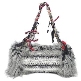 Borsa a tracolla Chanel Tweed Pelle e Pelliccia Nero Bianco Rosso Beige
