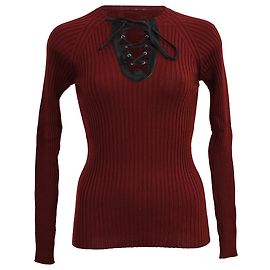 Burgunderfarbener Pullover aus Wolle mit Rippstrick und Schnürung von Jean Paul Gaultier