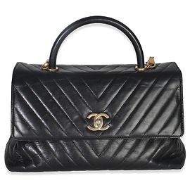 Borsa Coco grande in pelle di vitello invecchiata nera a zigzag di Chanel