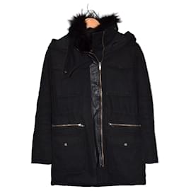 The Kooples Parka de Lona Negra con Cuello de Piel Removible