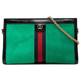 Borsa a spalla Ophidia in suede verde medio Gucci con catena