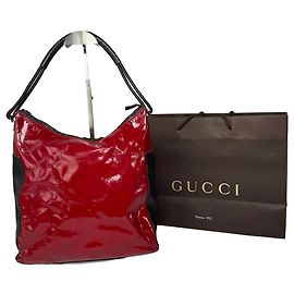 Borsa a mano vintage Gucci in pelle verniciata / pelle nera e rossa