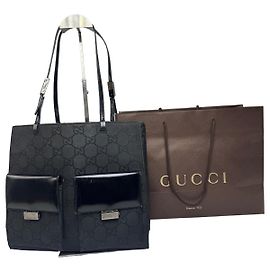 Borsa a mano in tela e pelle monogramma Gucci vintage nera