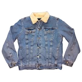 Zara Giacca di jeans trucker standard tipo 3 in denim blu foderata in sherpa