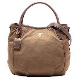 Borsa a mano Prada marrone in tessuto con rifiniture in vitello daino