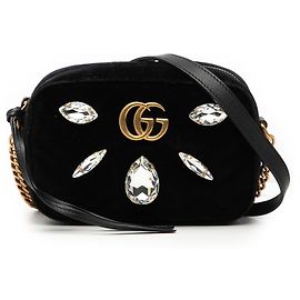 Gucci Mini GG Marmont Preto em Veludo Matelassê com Cristais