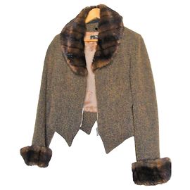 Autre Marque Giacca Ivory by Laurence in tweed marrone e nero con pelliccia Taglia 38