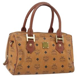 MCM Vicetos Logogram Borsa a Mano in Pelle PVC Marrone Oro Auth gh1634