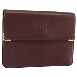 CARTIER Must Line Bolso Clutch de Cuero Burdeos Oro Auth 169421