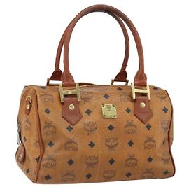 MCM Vicetos Logogram Borsa a Mano in Pelle PVC Marrone Oro Auth bs32955