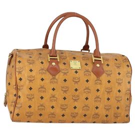 Borsa Boston Vicetos Logogram MCM in pelle PVC marrone e oro Auth 164740
