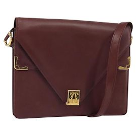 Cartier Bolso de hombro Must Line de cuero burdeos dorado Auth BA9921
