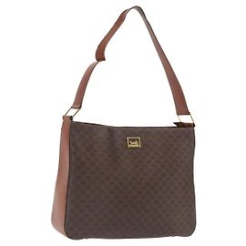 Céline CELINE Macadam Canvas Schultertasche PVC Beige Gold Auth ka2067