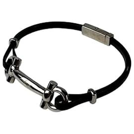 Bracciale in pelle vintage Salvatore Ferragamo in acciaio nero e argento