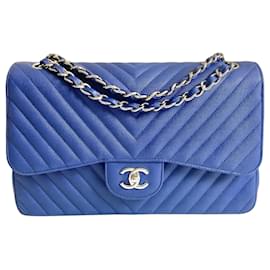 Chanel 2019 Caviar Blu Reale Jumbo Chevron Double Flap Borsa Classica Senza Tempo SHW