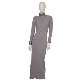 Vestido Monroe Retrofête | Vestido maxi de punto de manga larga | Cuello y puños con cuentas | Talla S | Gris topo