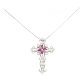 Collier en perles d'eau douce avec croix en or blanc Au750 et fleur en rubis - Autre Marque