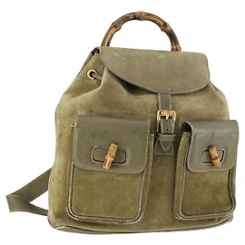 Mochila de Bambú GUCCI Ante Caqui Oro 003 58 0016 Auth BA9952