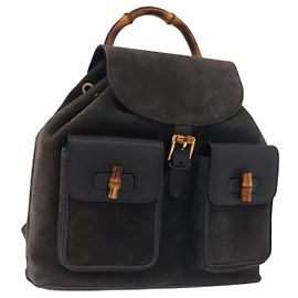Mochila de ante Gucci Bamboo azul marino dorado 003 2058 0016 Auth 166631