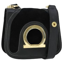 Borsa a Spalla Gancini in Pelle Scamosciata Nera e Oro Salvatore Ferragamo Auth 163457