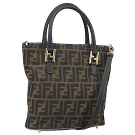 Borsa a mano in tela Zucca FENDI 2 in 1 Nero Marrone oro Auth 165068