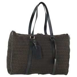 FENDI Zucchino Canvas Boston Bag Brown Black Auth bs32402