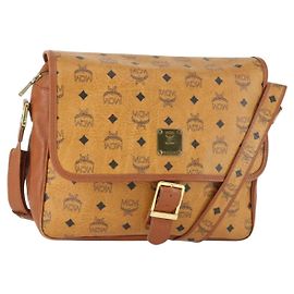 Borsa a Spalla MCM Vicetos Logogram in Pelle PVC Marrone Oro Auth BA9893