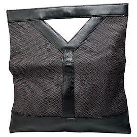 Borsa tote in pelle e tela vintage Yves Saint Laurent nera e marrone